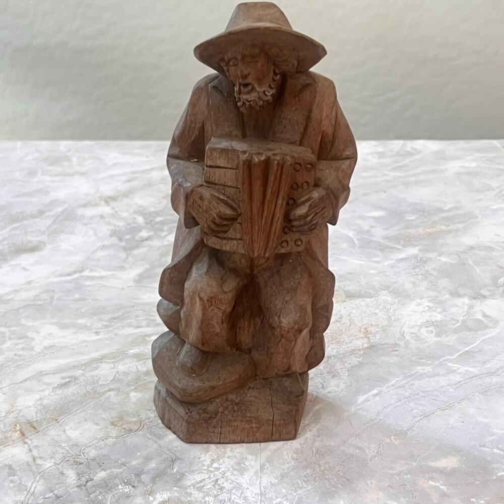 Hand Carved Wooden Figure Bearded Man Playing Accordion 8.5" Tall Folk Art